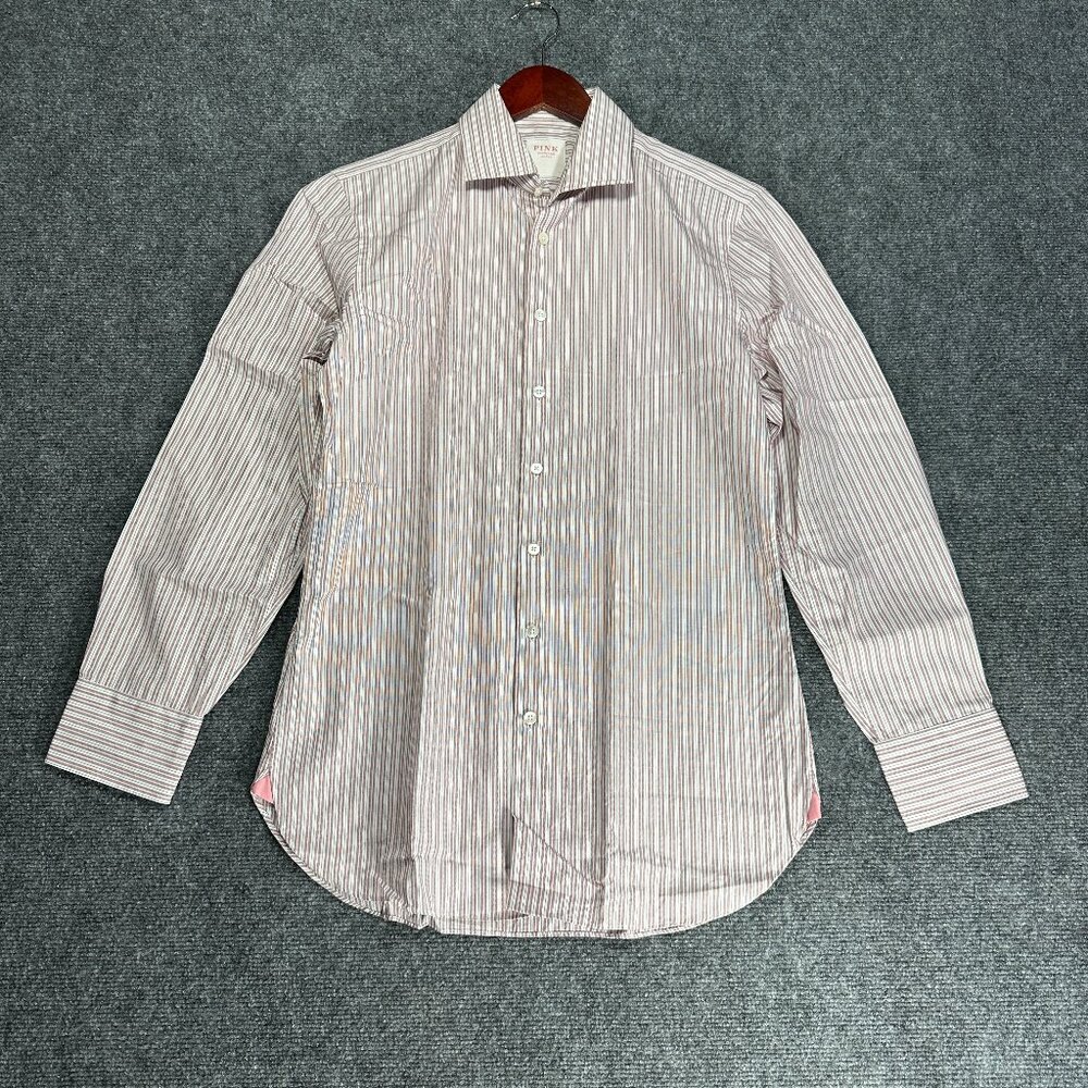 PINK London Shirt Mens  15 Tailored Button Up Muted Red White Stripe Cotton